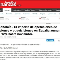 El importe de operaciones de fusiones y adquisiciones en Espaa aumenta un 12% hasta noviembre